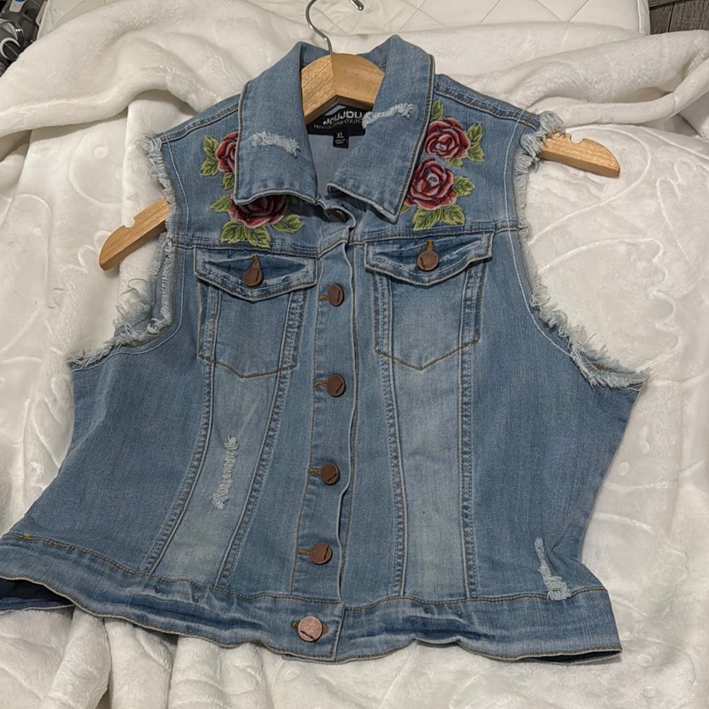 Jou Jou Light Blue Denim Vest with Floral Embroidery